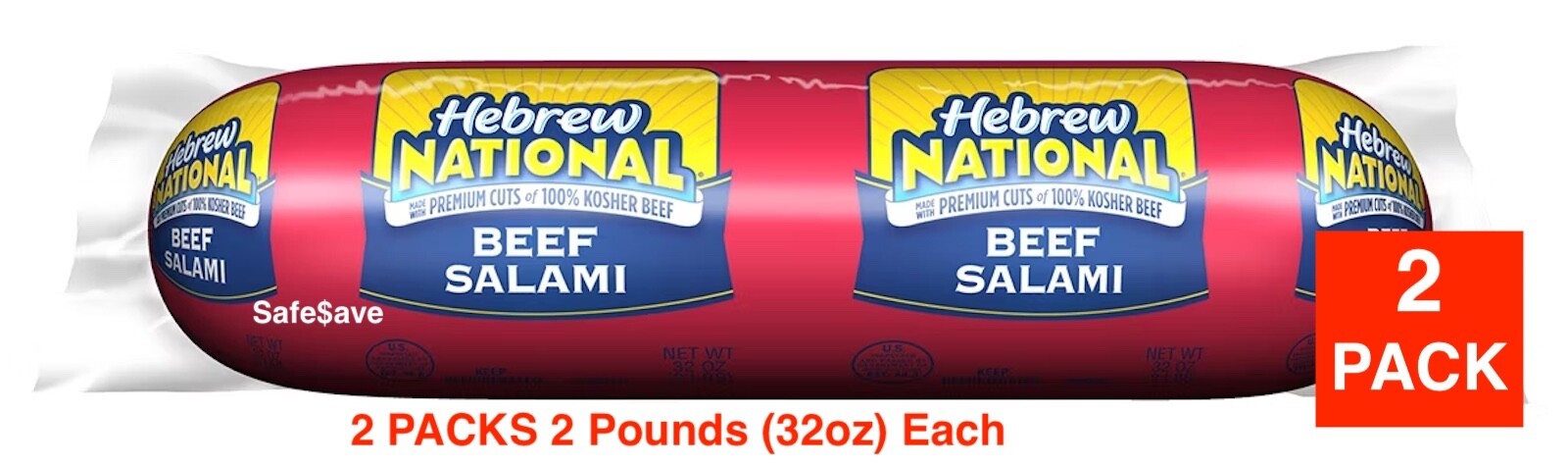 Hebrew National Beef Salami, 2-PACK 2 Lbs Ea Total Weight 4 Lbs