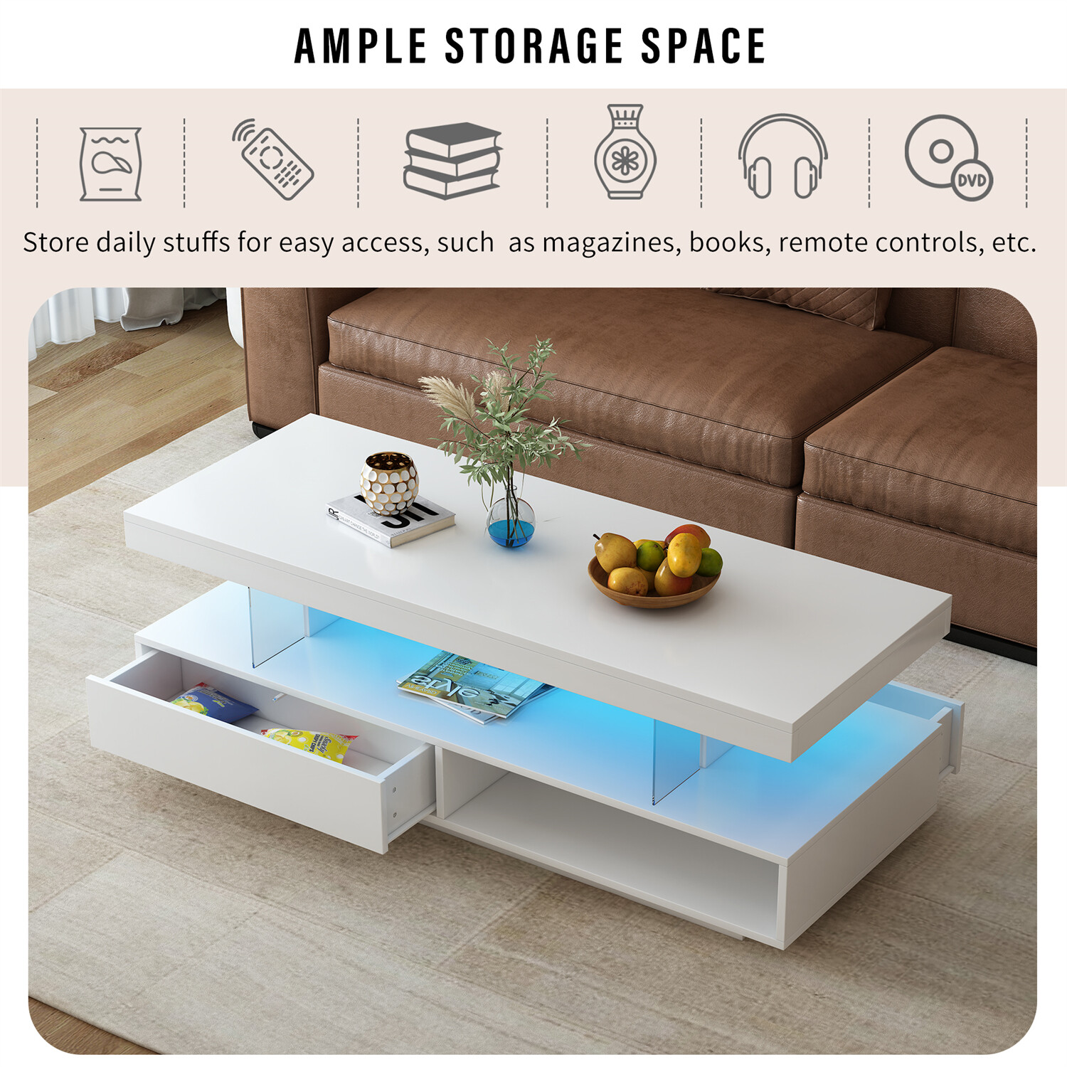 High Gloss LED Coffee Table Modern Side End Table w/ LED Lights & 2 Drawers US