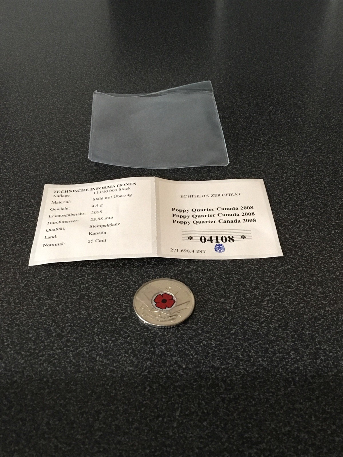 2008 Canada  Armistice Colourized 25 Cents Poppy Quarter Coin with COA