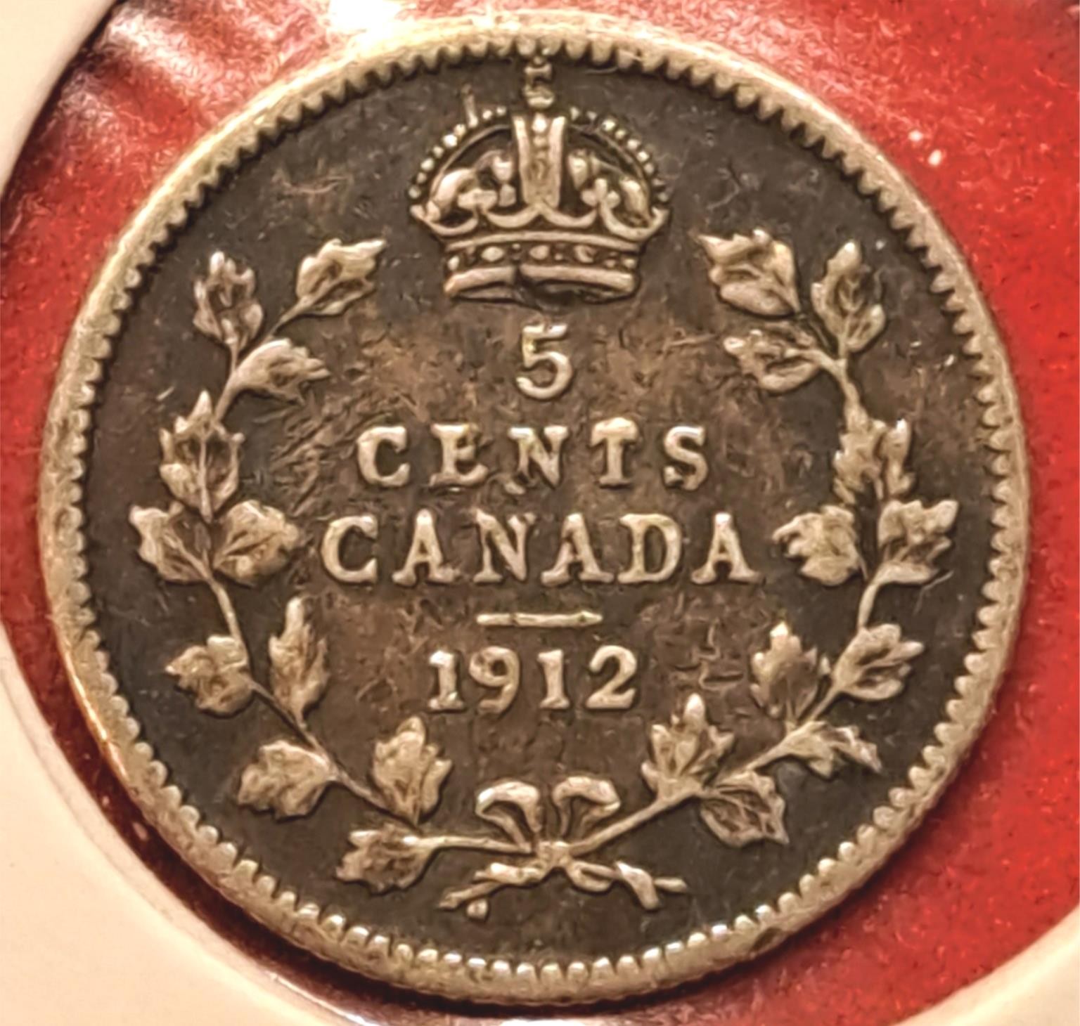 1912 Canada 5 Cents – King George V – 92.5% Silver – Circulated – Free Ship(9.5)