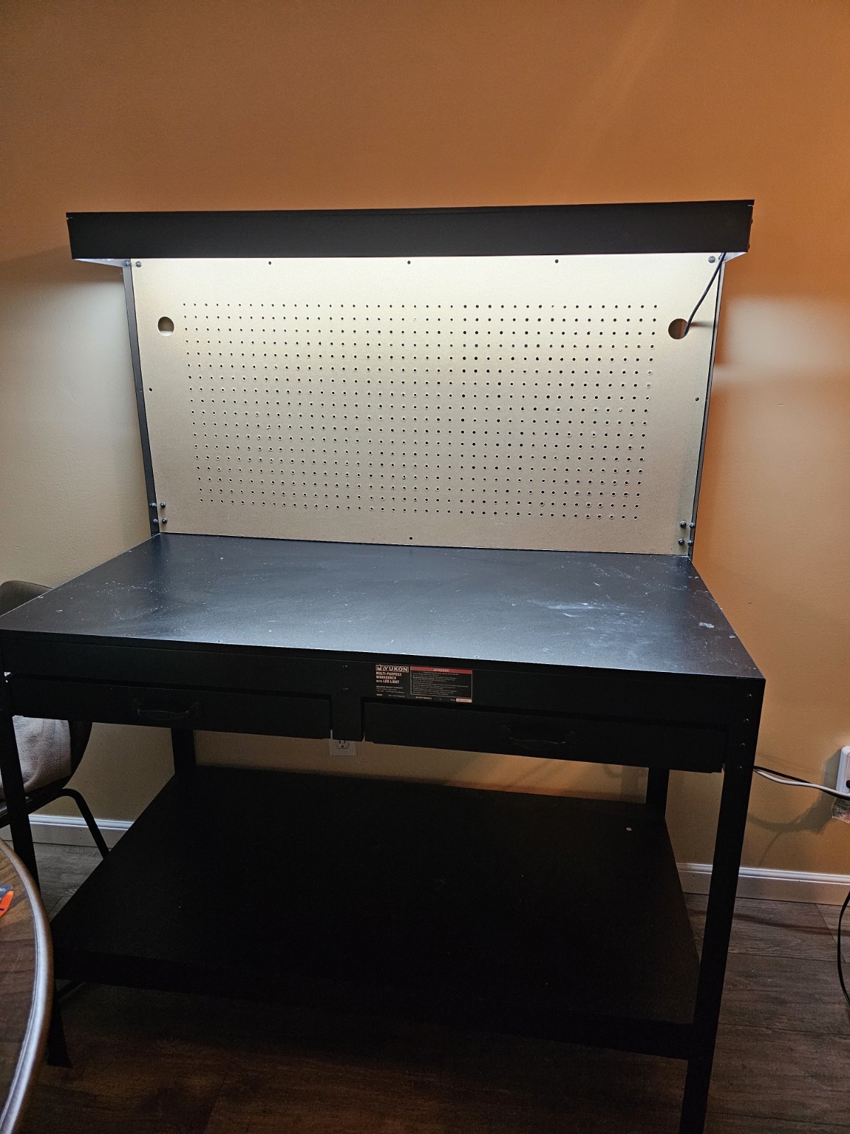 Black Metal Assembly Workstation with Pegboard, Drawers, Shelf, Integrated Light