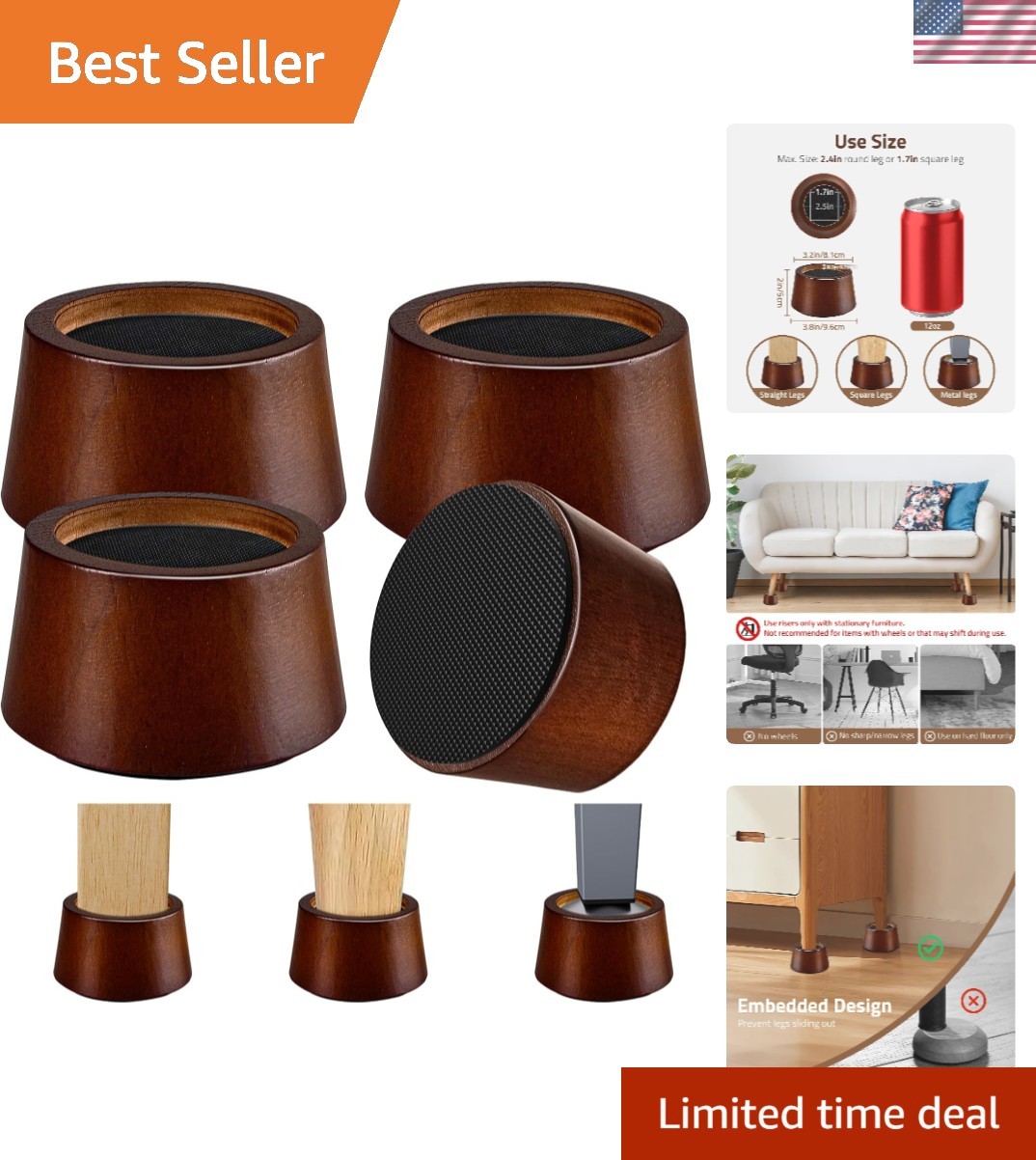 Bed Risers, 2 Inch Wooden Furniture Risers 4 Pack | Heavy duty wooden lifts w...