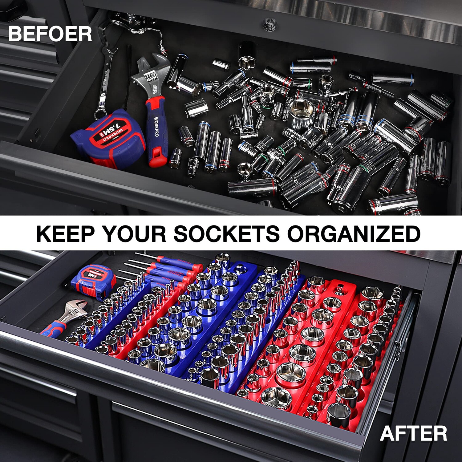 WORKPRO 3PCS Magnetic Socket Organizer Set SAE 1/4" 3/8" 1/2" Drive Socket Trays