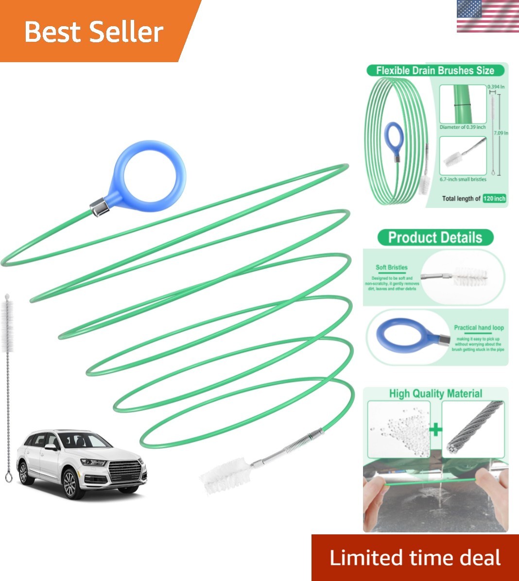 Auto Sunroof Drain Cleaning Tool, 120 Inch Flexible Tube Cleaning Brush, Drai...