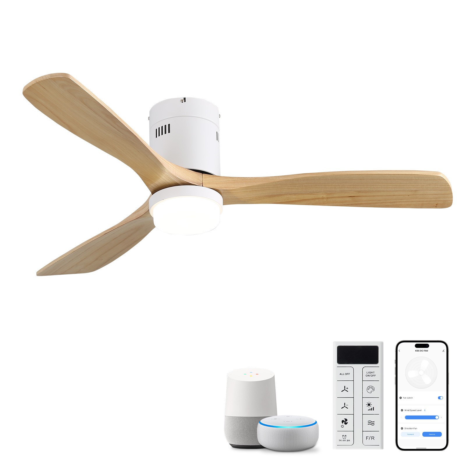 52"Decorative Smart Ceiling Fan With 6 Speed Remote White 3 Solid Wood Blades