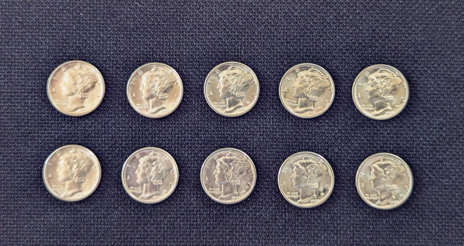 1943 Mercury Dimes – TEN FULL BAND/STRAP, 90% Silver, Nice Uncirculated examples