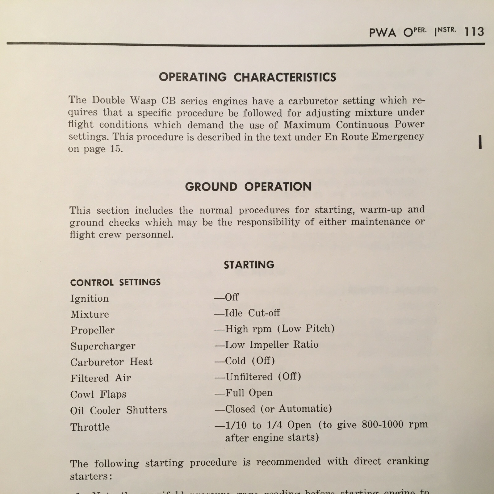 Double Wasp R-2800 CB16 & CB17 Engines Specific Operation Instructions