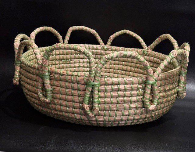Large Green and Tan Woven Looped Handle Basket 15” x 6”
