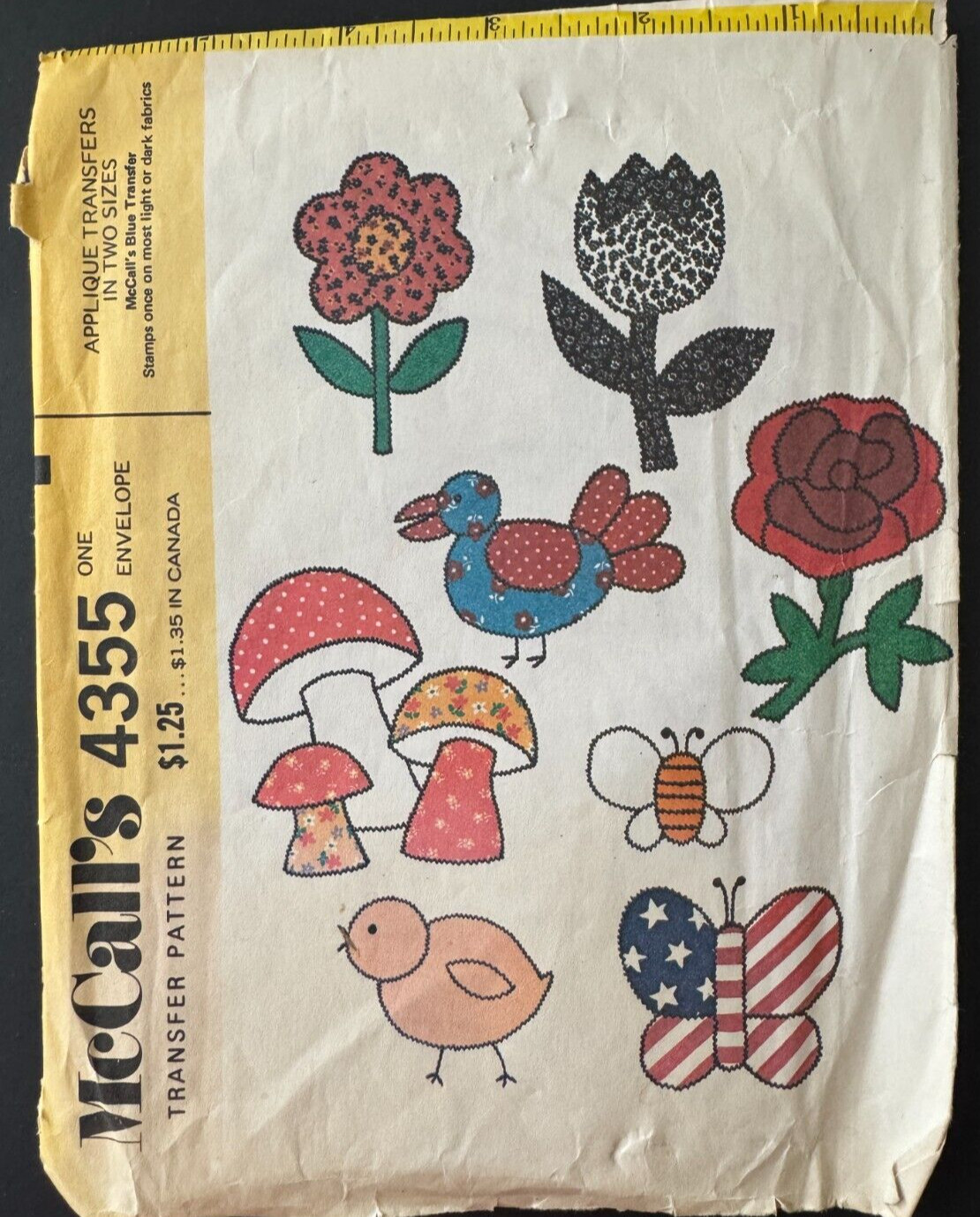 4355 McCall's CRAFT Sewing Pattern 1970s Transfers Flower Mushroom Butterfly