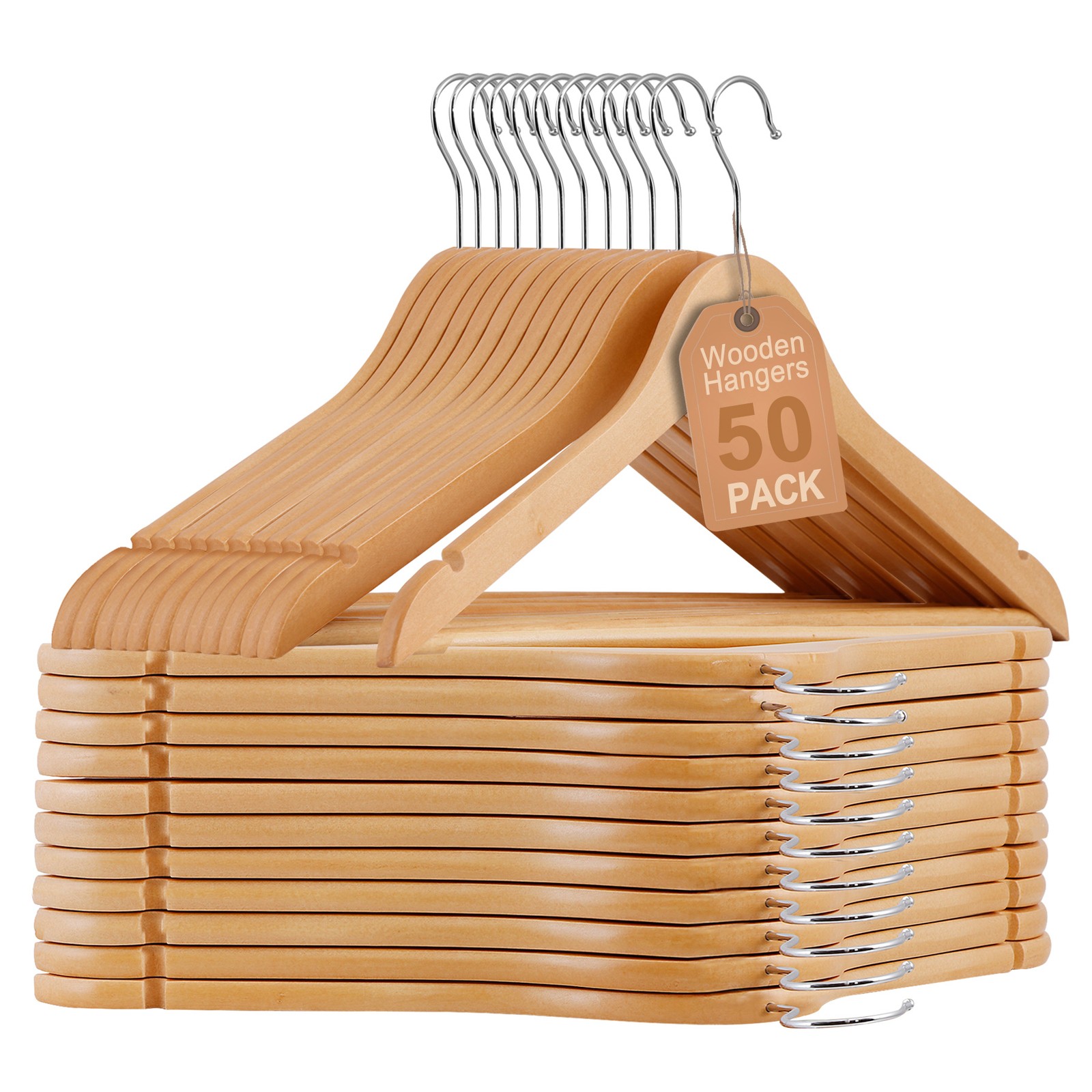 50 Pack Premium Wooden Hangers Non-Slip Coat Clothes Hangers w/360° Swivel Hook