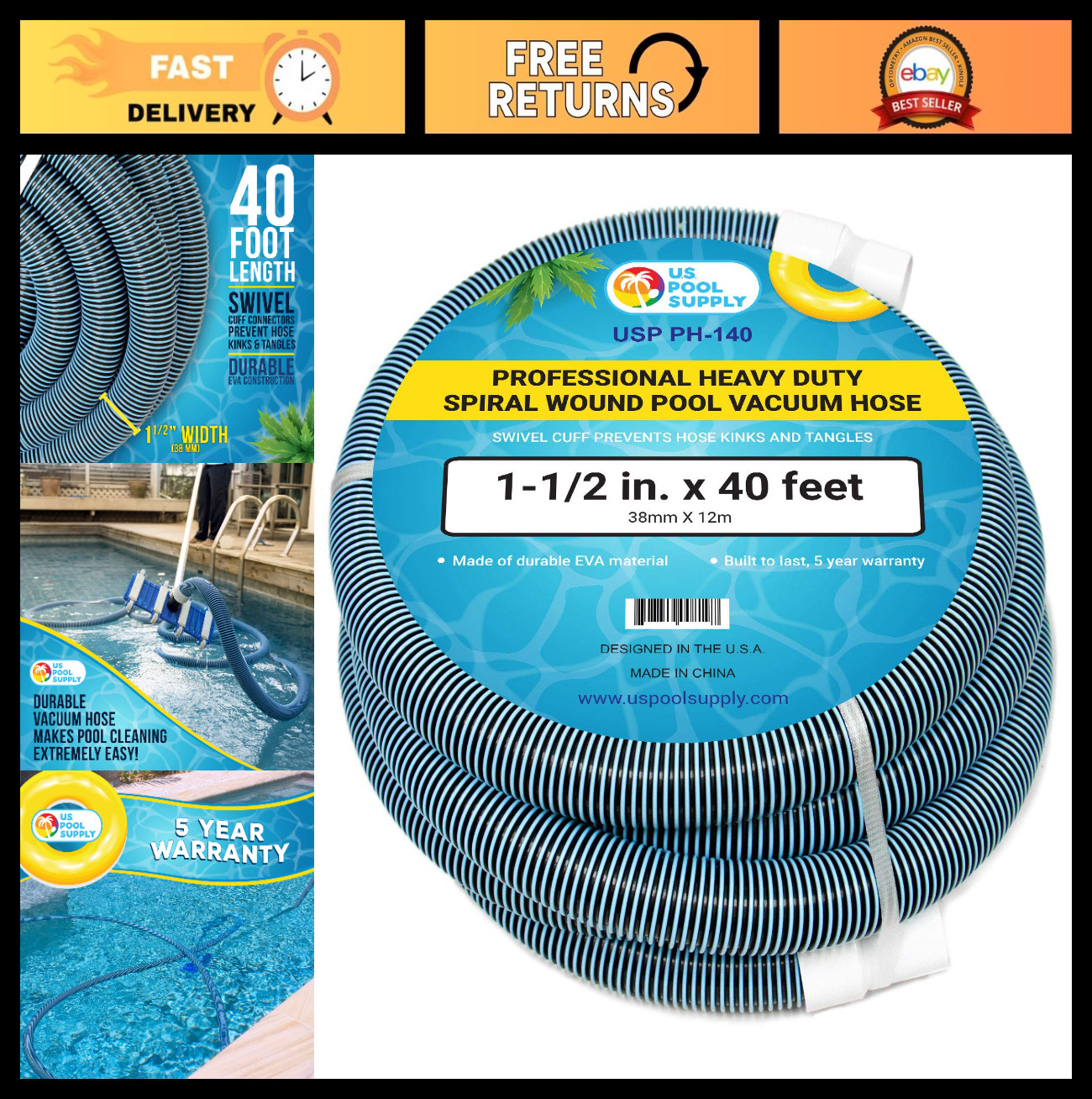 Heavy Duty 1.5" x 40' Pool Vacuum Hose - Kink-Free, Spiral Wound for Inground Us