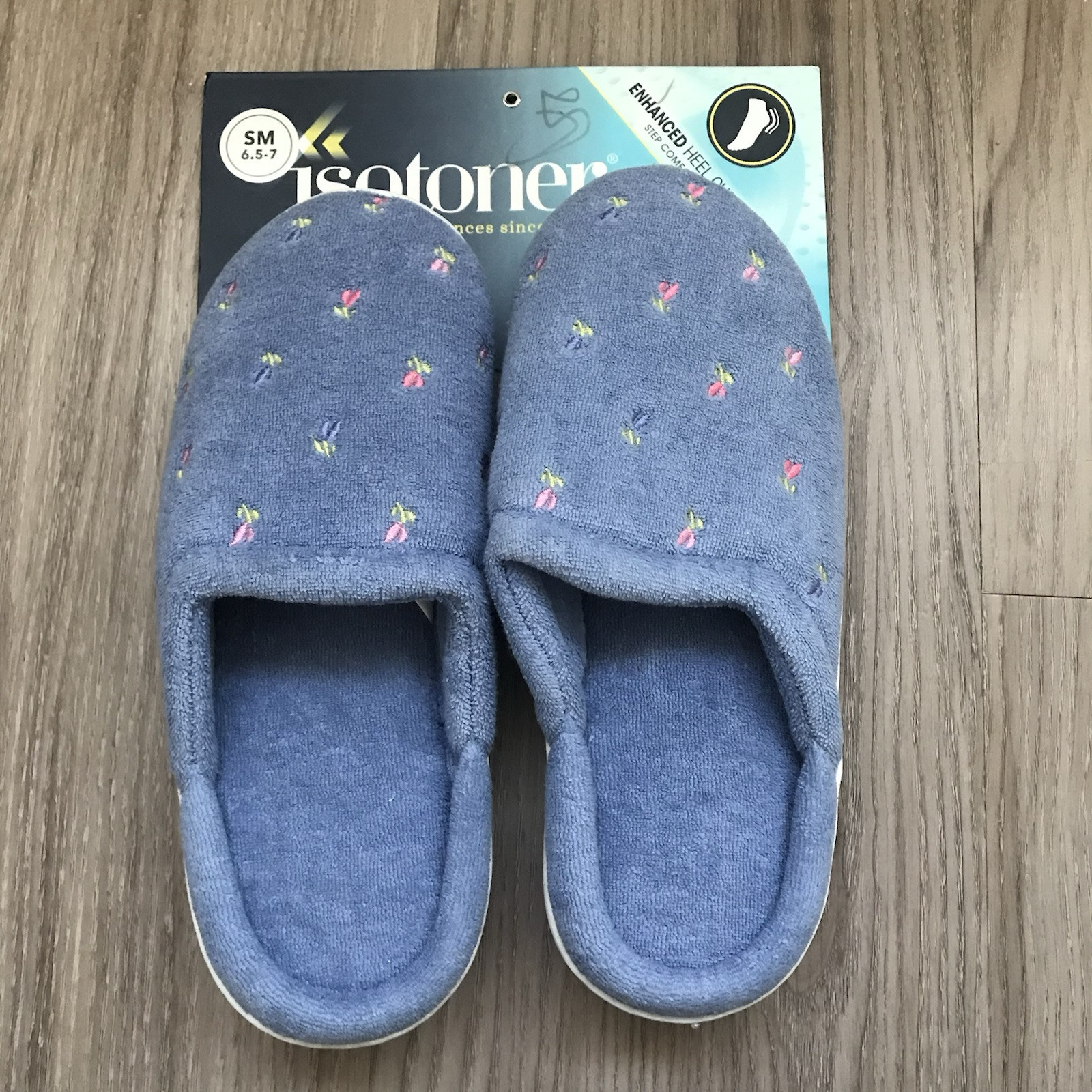 NEW Isotoner Slippers Womens Clog Slip-On Blue Pink Floral Small Memory foam