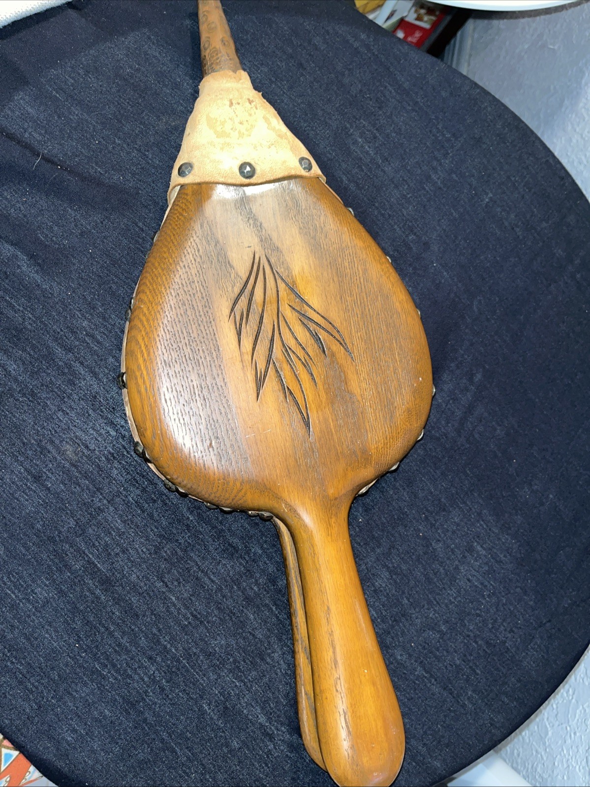 Wooden Carved Bellow,Leather Copper Hammer Tip Flaming Fire Design 7 X 18 X 2