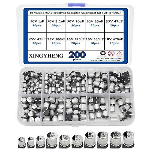 200PCS 10 Value SMD Electrolytic Capacitor Assortment Kit 1UF to 470UFAluminu
