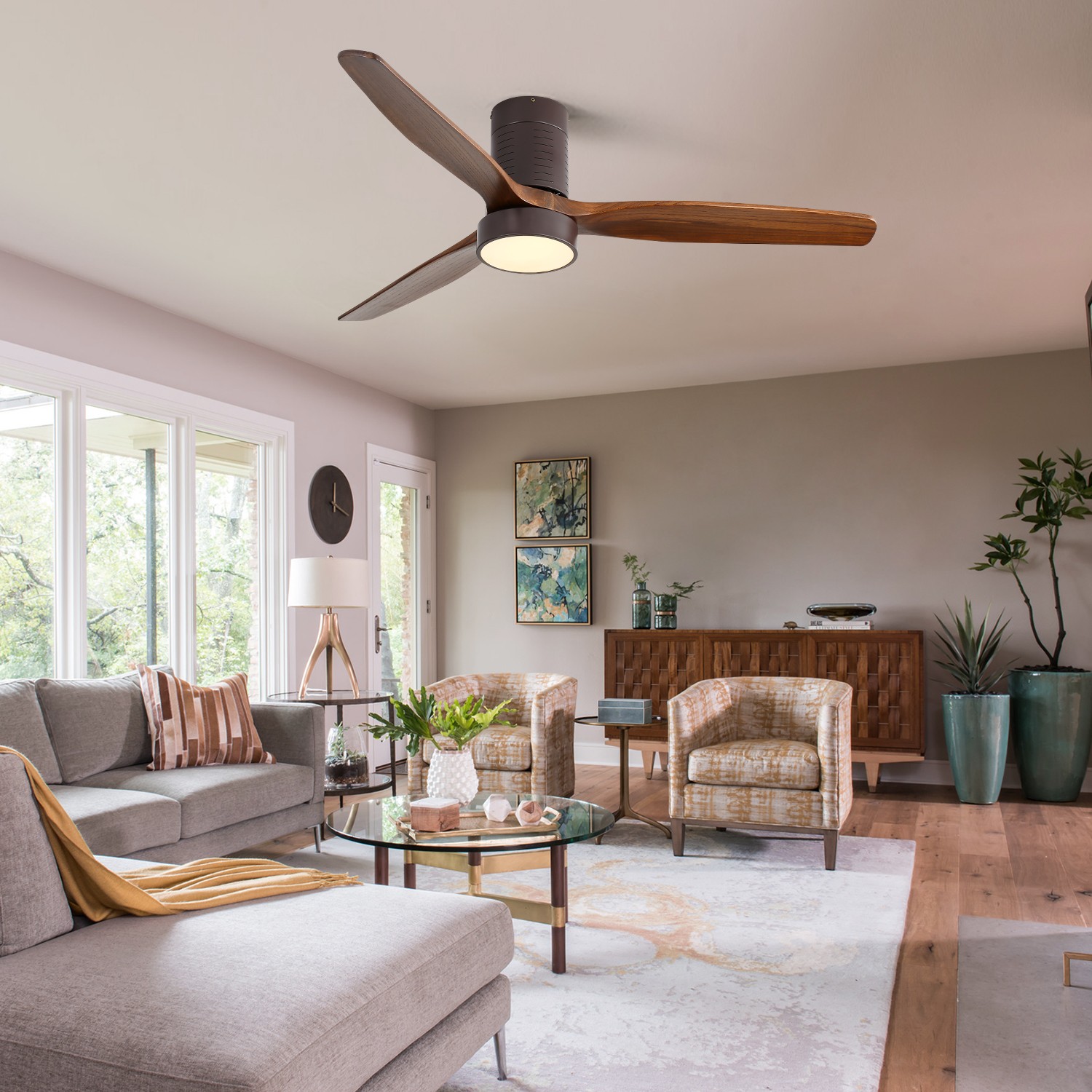 52"Flush Mount Ceiling Fan with LED Light and Remote Control Solid Wood Blades