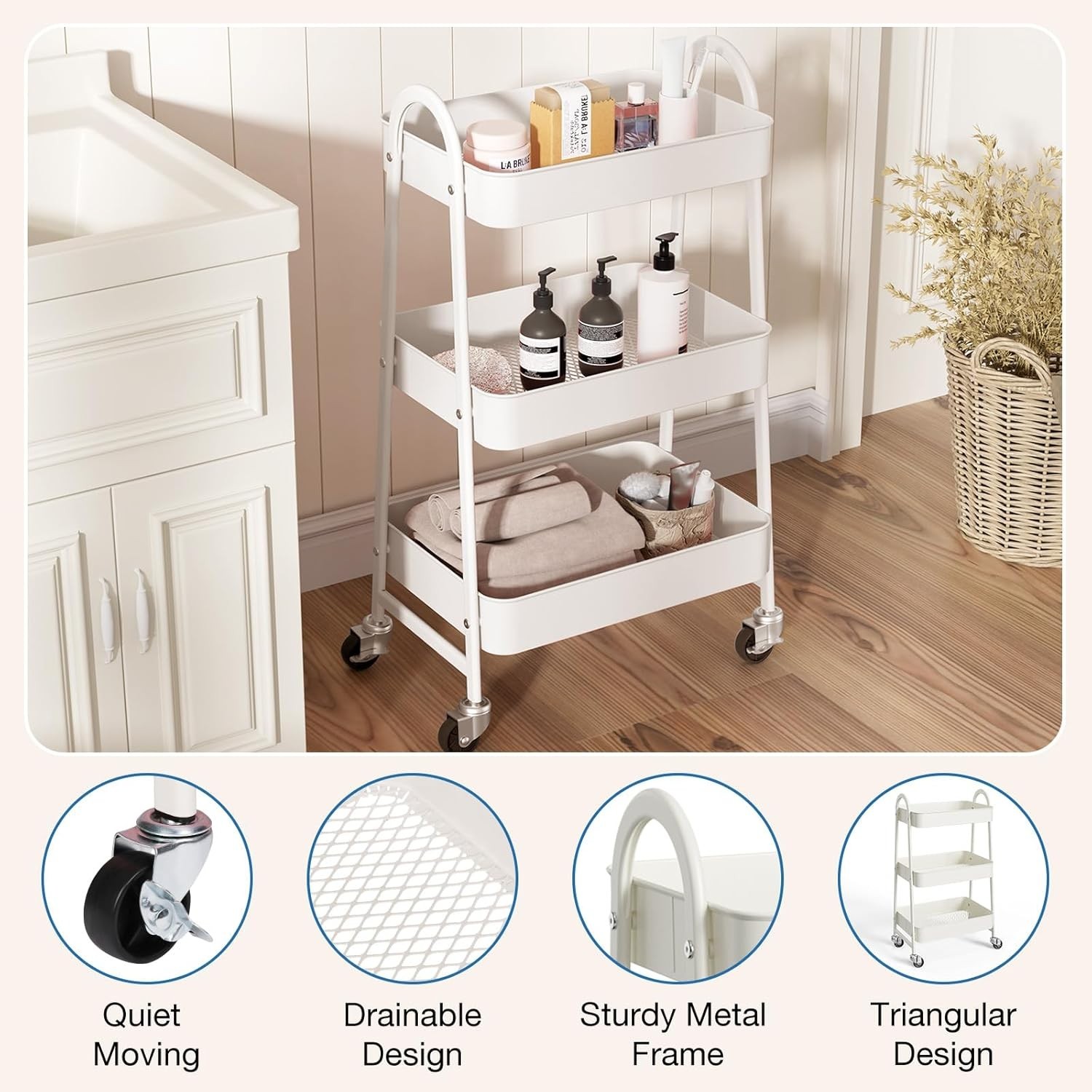 Rolling Storage Cart with Lockable Wheels Metal Utility Organizer Shelf White