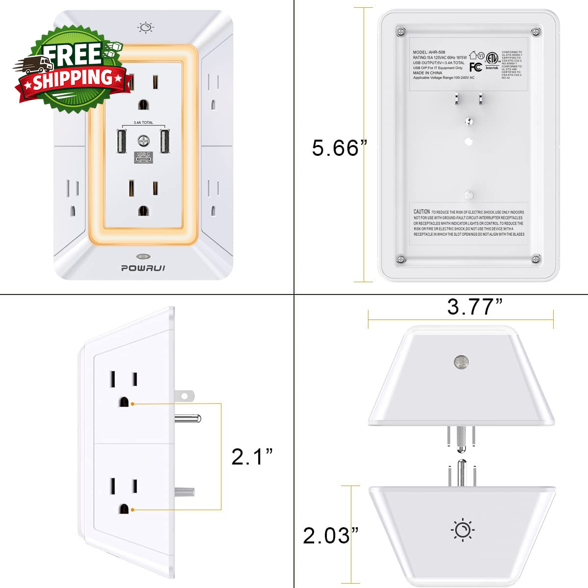 Multi Plug 6 Outlet Surge Protector Extender with 3 USB Ports 1 USB C