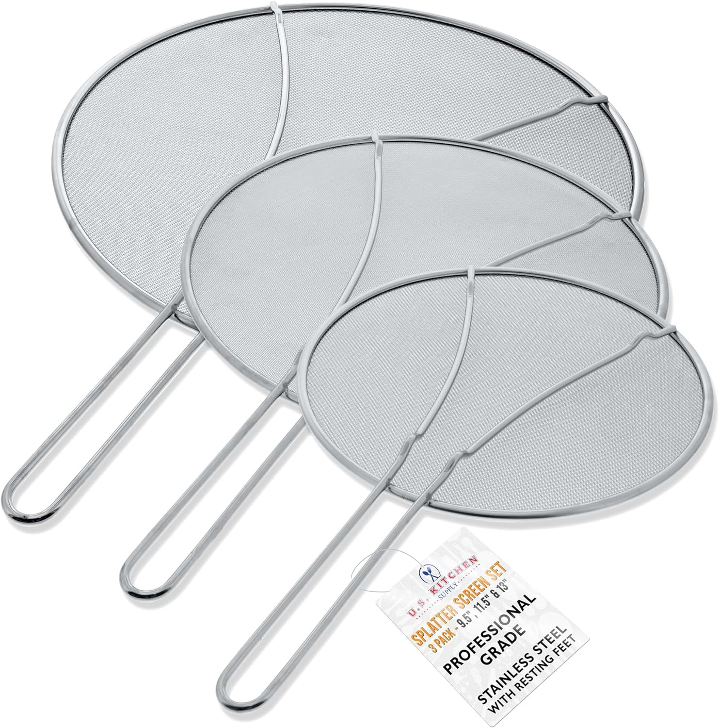 Set of 3 Stainless Steel Splatter Screen - 13", 11.5" & 9.5" Sizes - Fine Mesh S