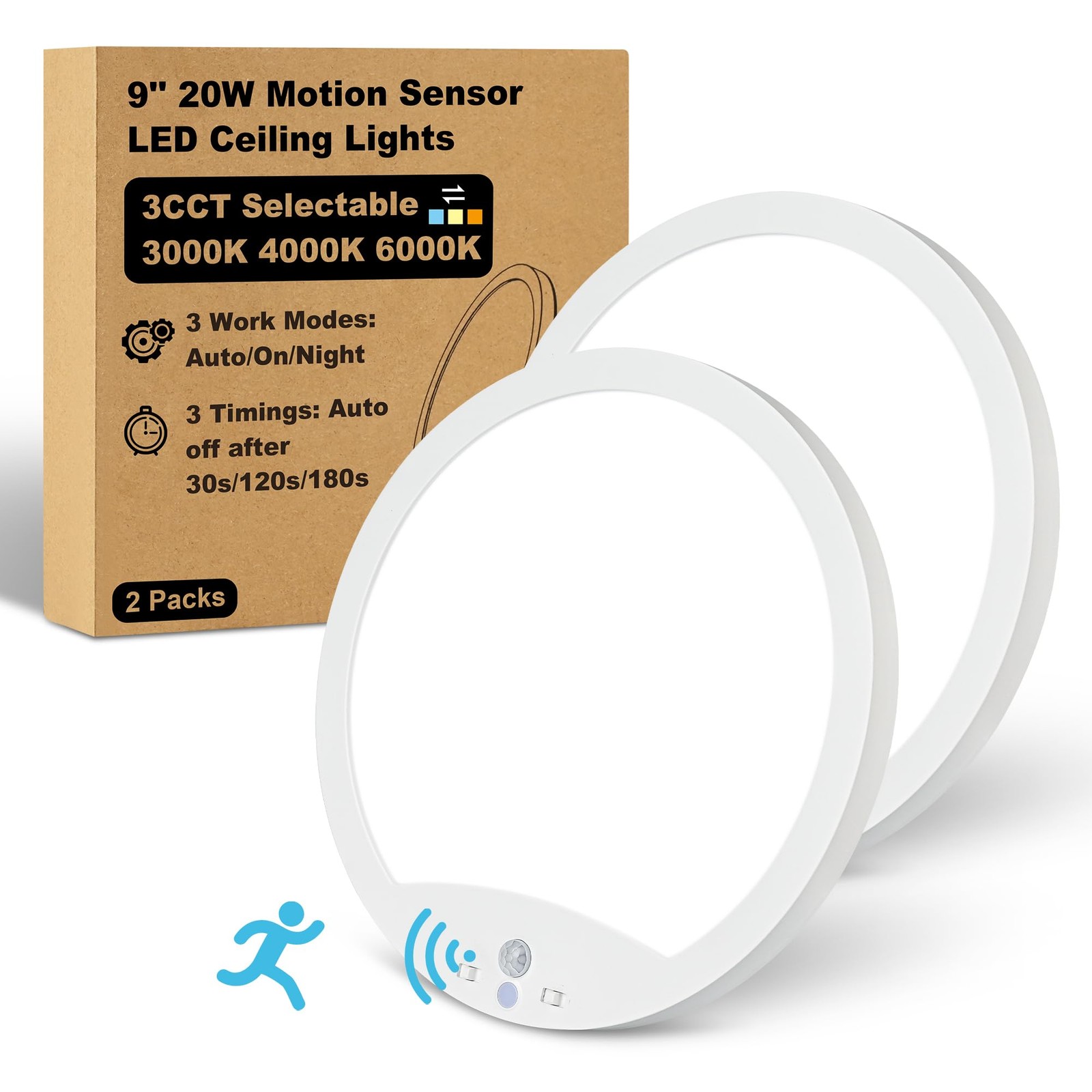 Hard-Wired Motion Sensor Ceiling Lights, 9in 20W Flush Mount 2 Packs, White