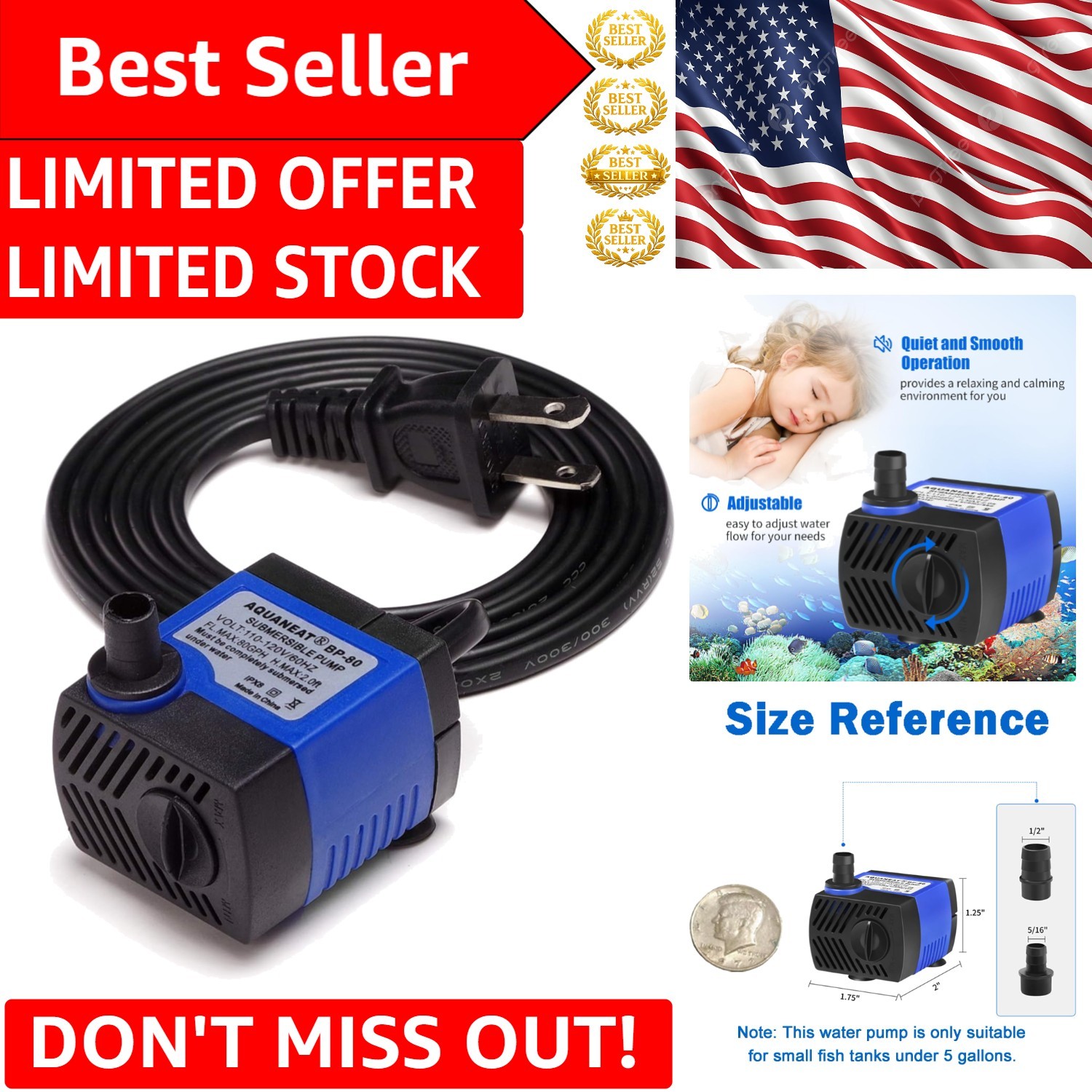 Mini 80 GPH Submersible Water Pump for Outdoor Fountains and Fish Tanks