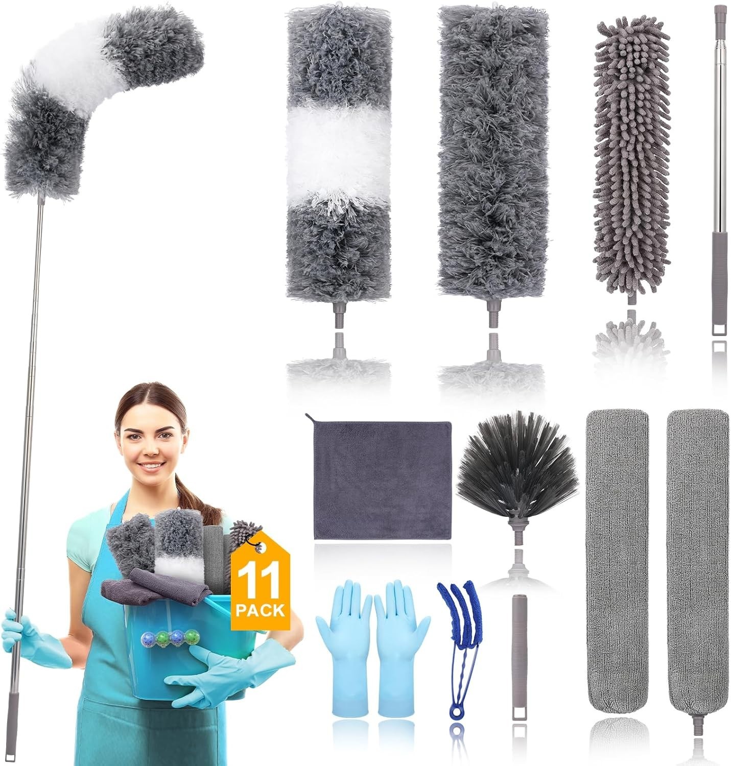 Microfiber Extendable Feather Duster 11pcs with 100" Extension Pole, Washable...
