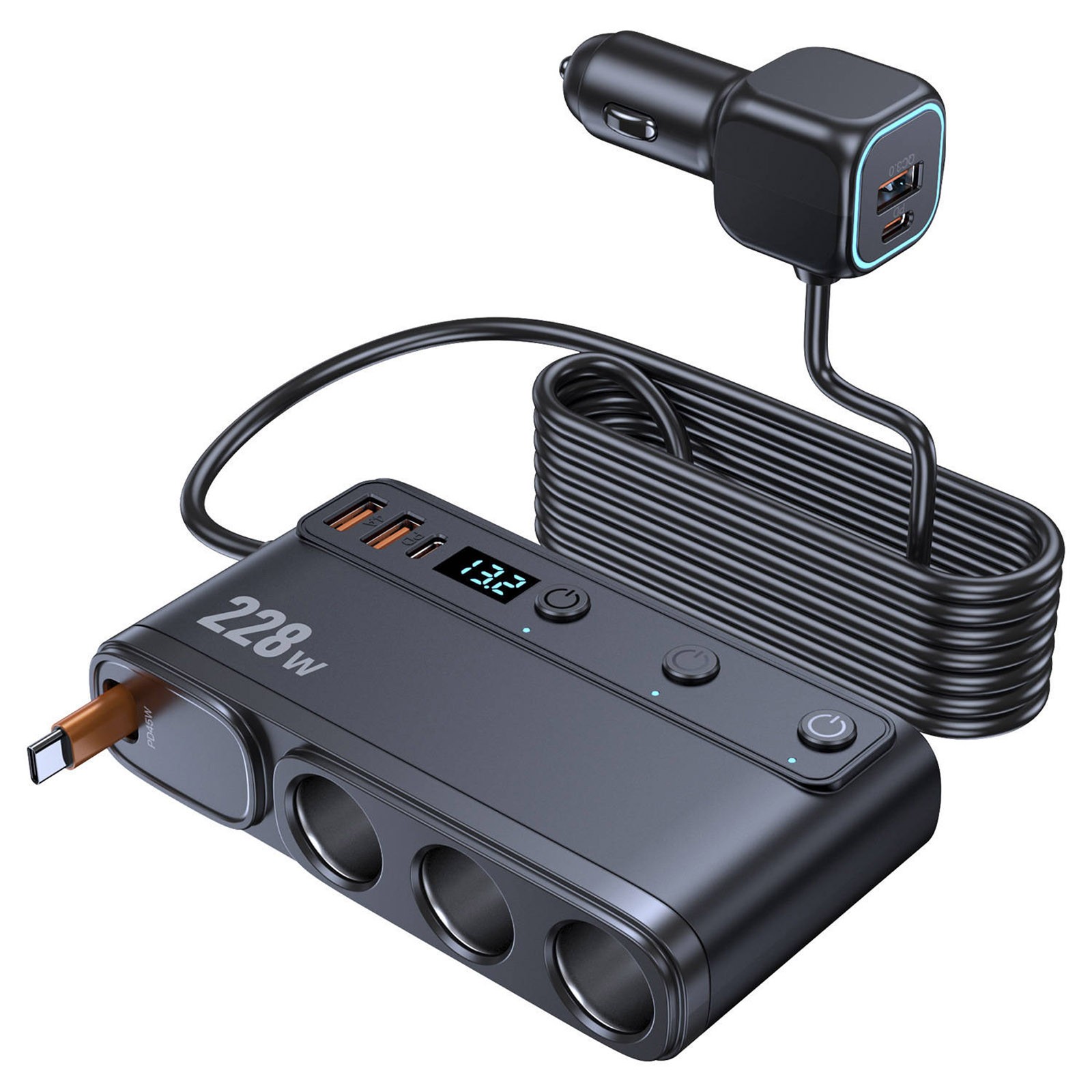 For Truck 9-in-1 Cigarette Lighter Charger 3 Sockets 6 USB Ports 228W Display