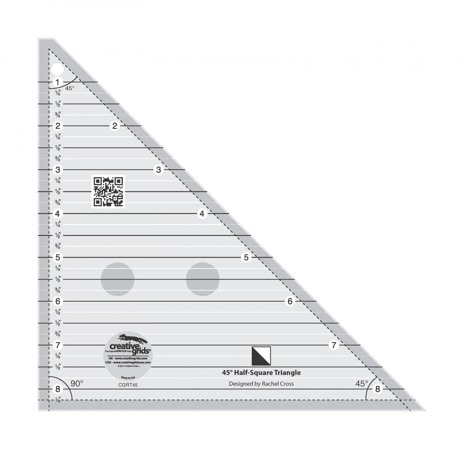 Creative Grids 45 Degree Half-Square Triangle 8-1/2in Quilt Ruler – Clear