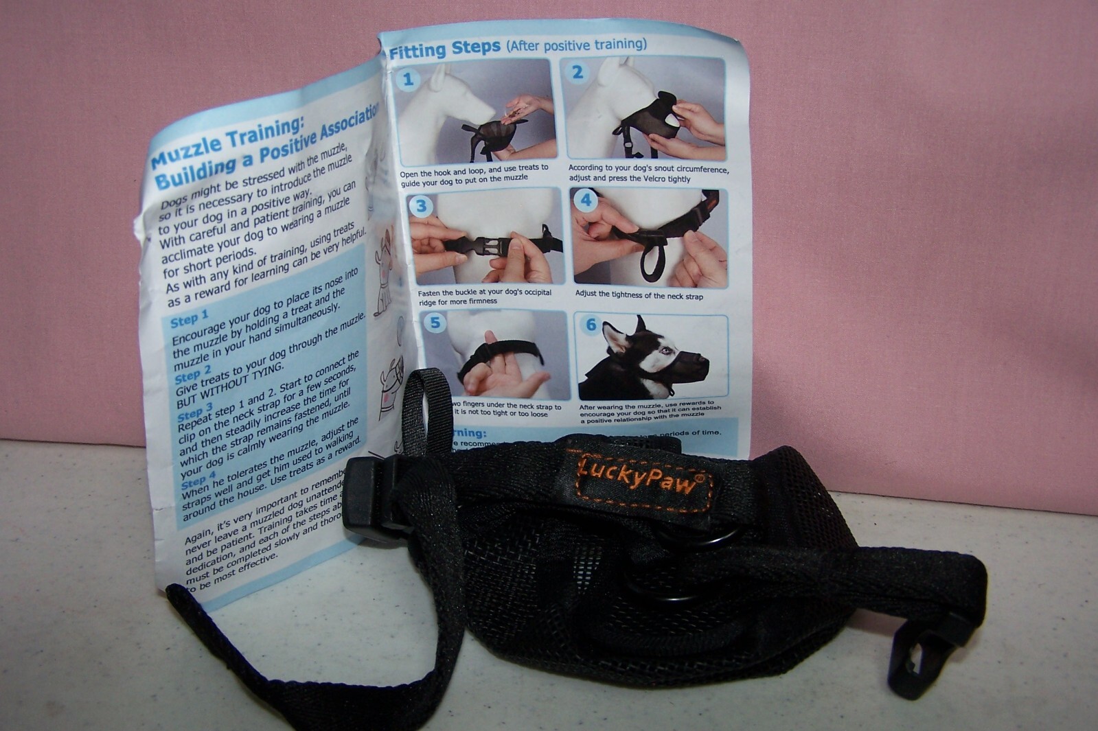 Lucky Paw Adjustable & Breathable Black Mesh Dog Muzzle w/ Training Guide Sz. L