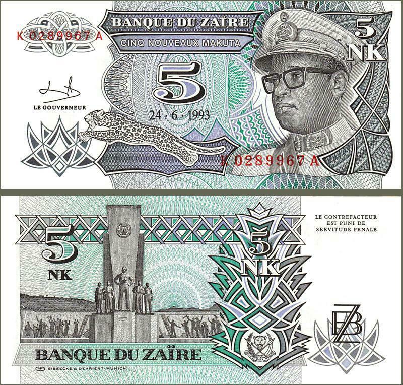 ZAIRE 5 NOUVEAUX MAKUTA 1993 UNC K-A,INDEPENDENCE MONUMENT,LEOPARD AT LOWER LEFT