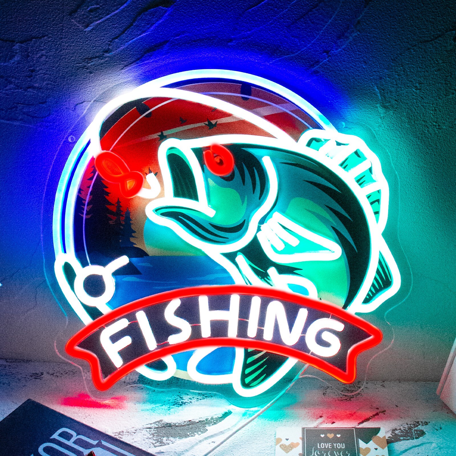 Fishing Neon Sign Wall Decor LED Light Man Cave Bedroom Living Room Club Party