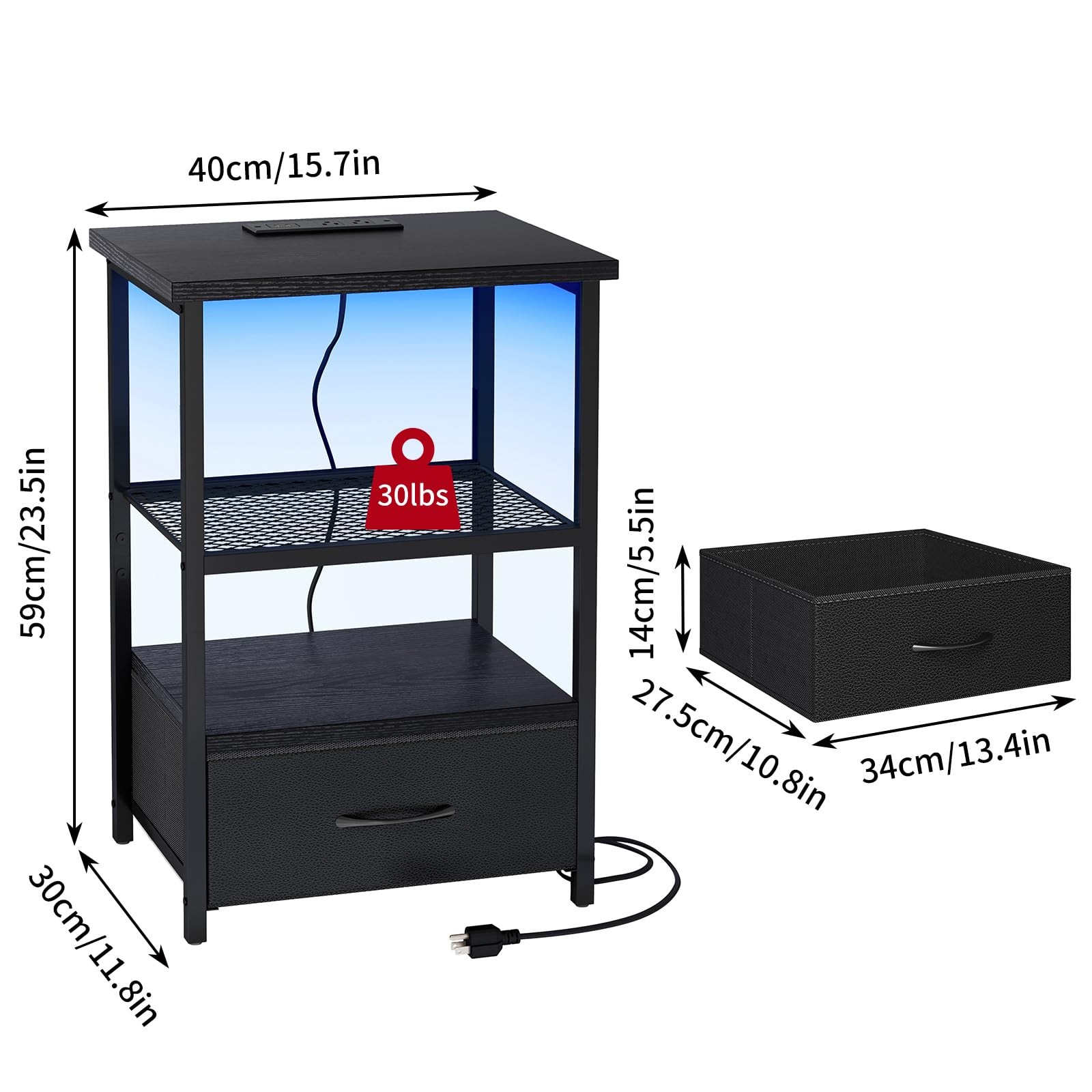 Fixwal Nightstand w/ Charging Station, LED Lights, Fabric Drawer, Side Table