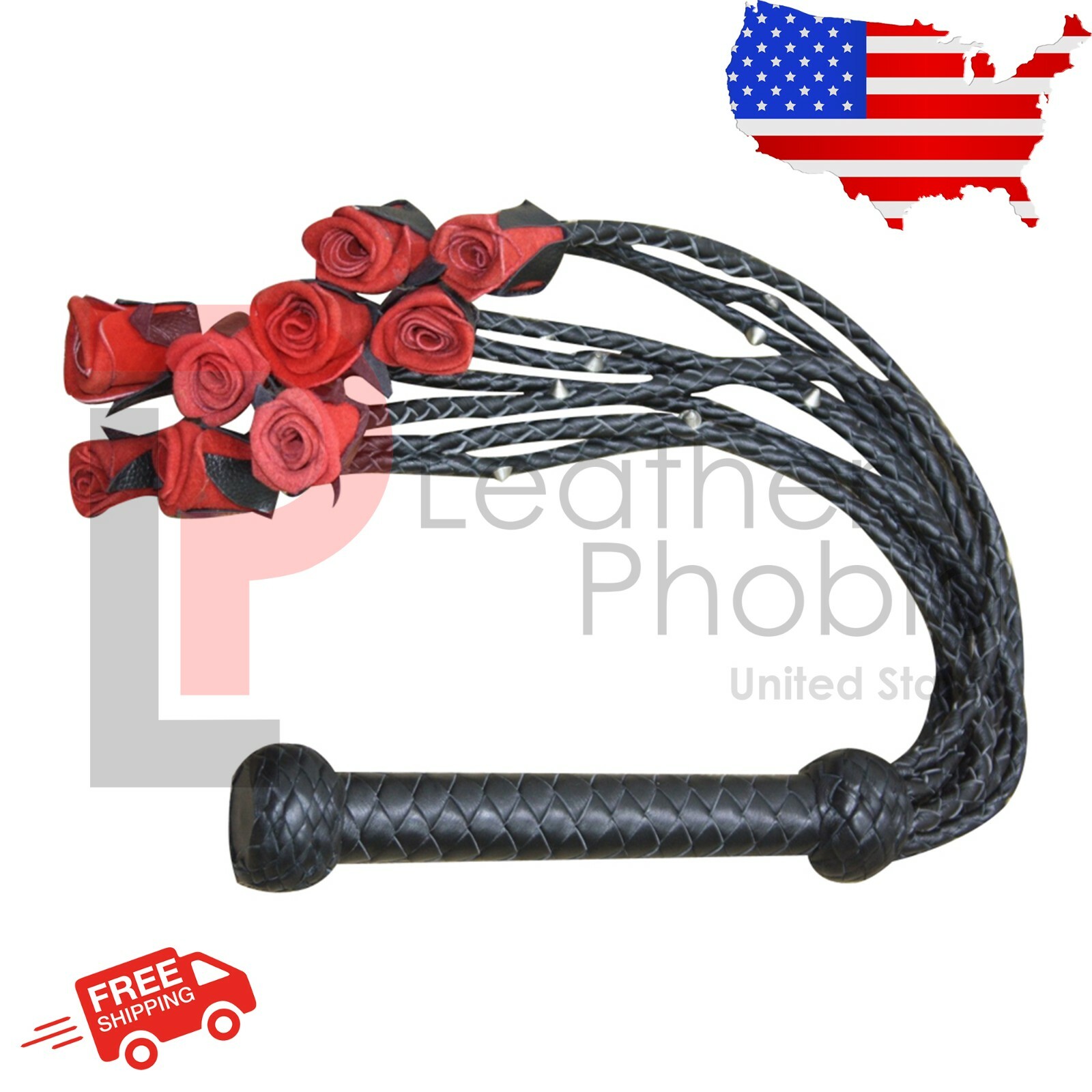 Real Leather Flogger with Red Rose and Steel Studded Whip Thick Heavy Duty whip