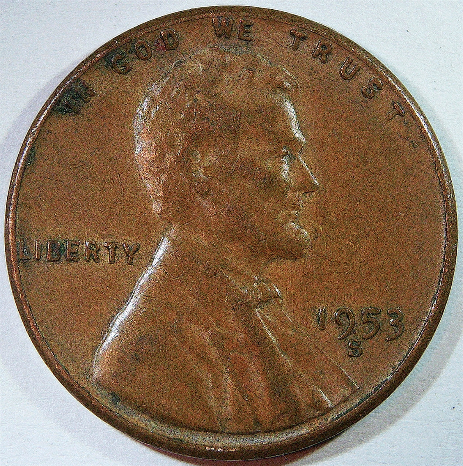 1953 S Lincoln wheat cent error, nice reverse lamination peel