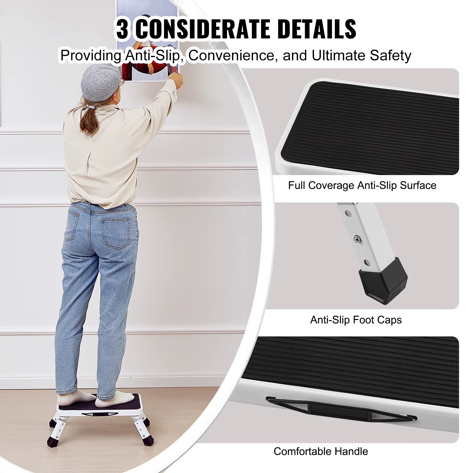 Step Stool 1 Step 330lb Capacity Adjustable Height Non Slip Foldable for