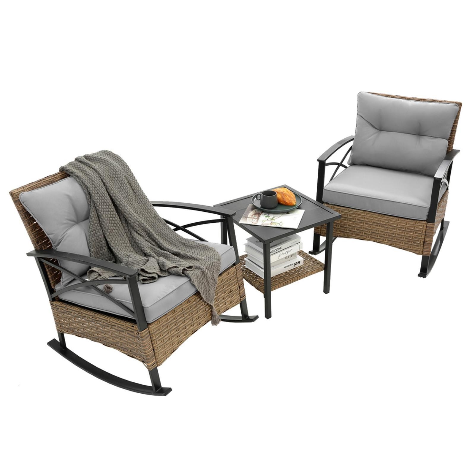 Grey 3pcs Rattan Rocking Chair Set with Table - Comfortable, Easy Assembly &