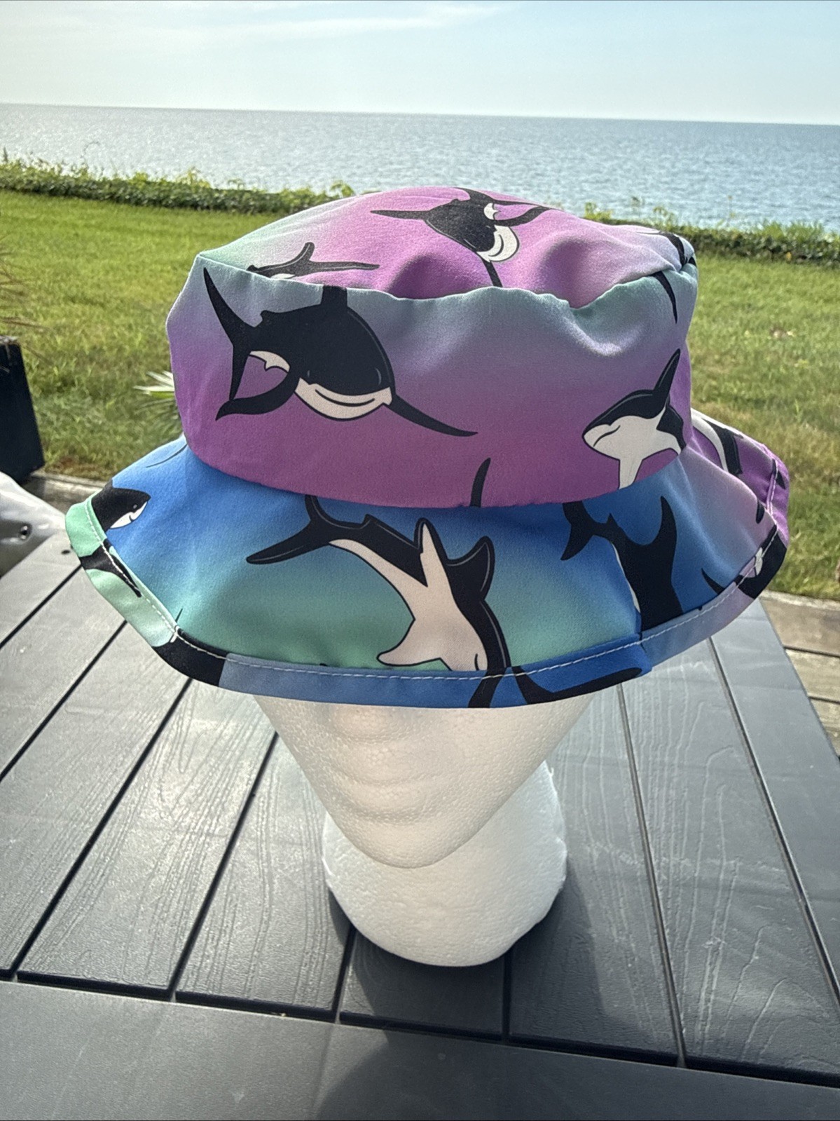 Whales Black White on Purples Blue Lite wt Toddler Bucket Hat Polyester