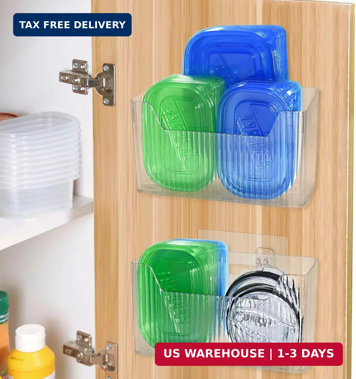 Pensino 2 Pack Adhesive Cabinet Door Organizer Storage Caddy, Clear Lid Organize