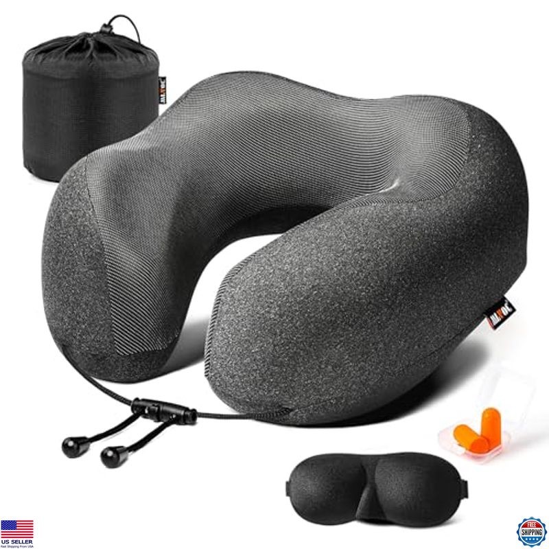 MLVOC 100% Pure Memory Foam Travel Neck Pillow with Eye Masks, Earplugs & Bag