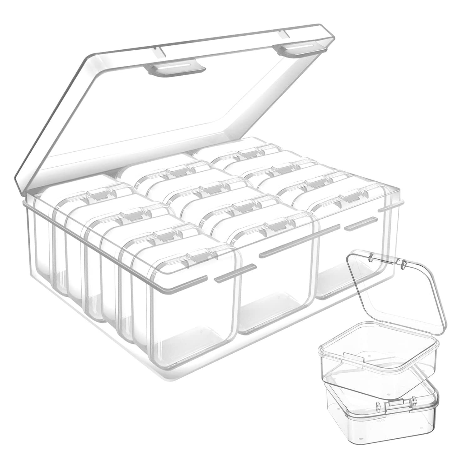 Large Clear Storage Box with 12 Pcs Small Bead Organizers Cases with Hinged Lid