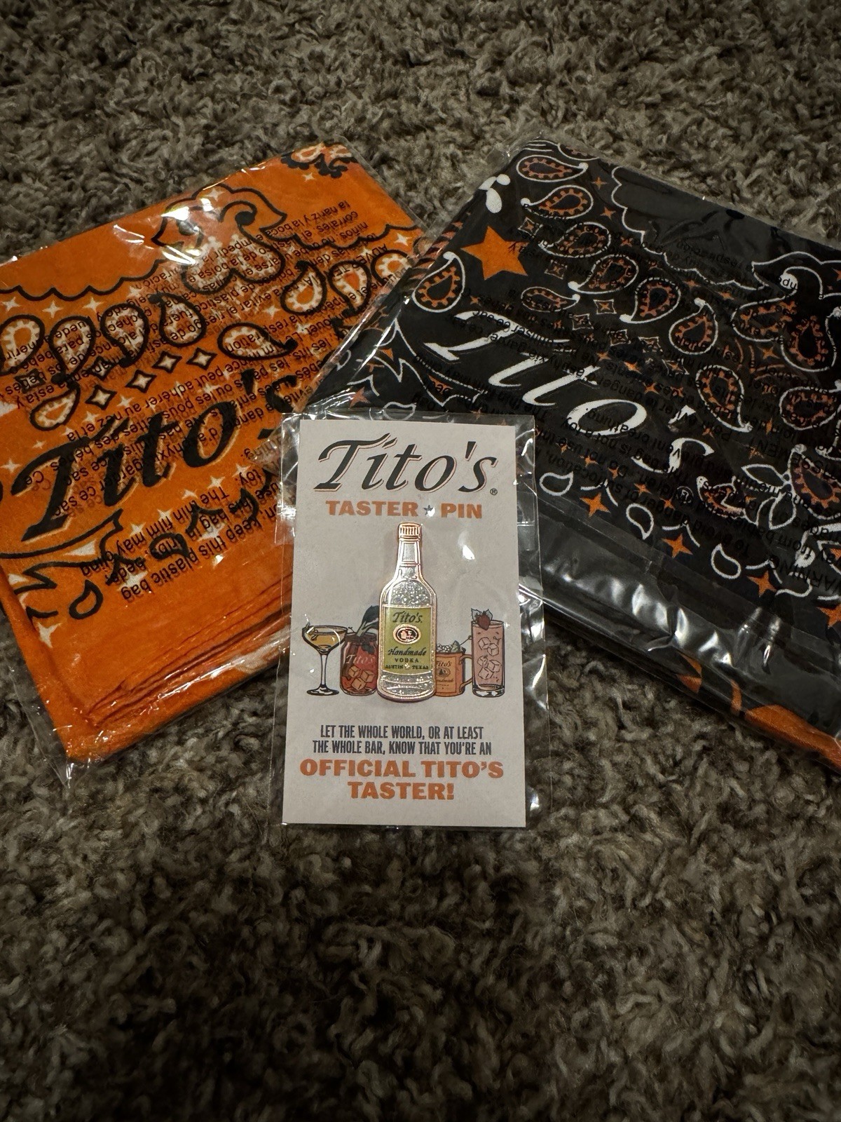 Sealed Tito’s Vodka Swag Bundle: Taster Pin & 2 Bandanas
