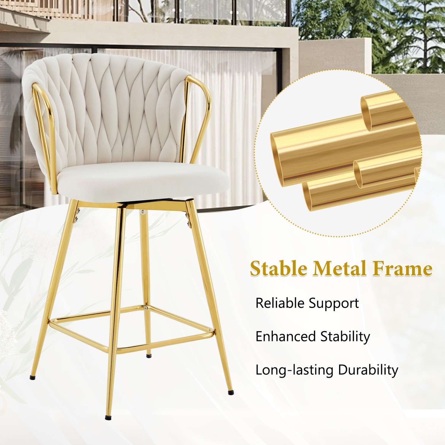 Swivel Bar Stools Set of 2 Velvet Braided w/ Gold Metal Frame for Kitchen Island