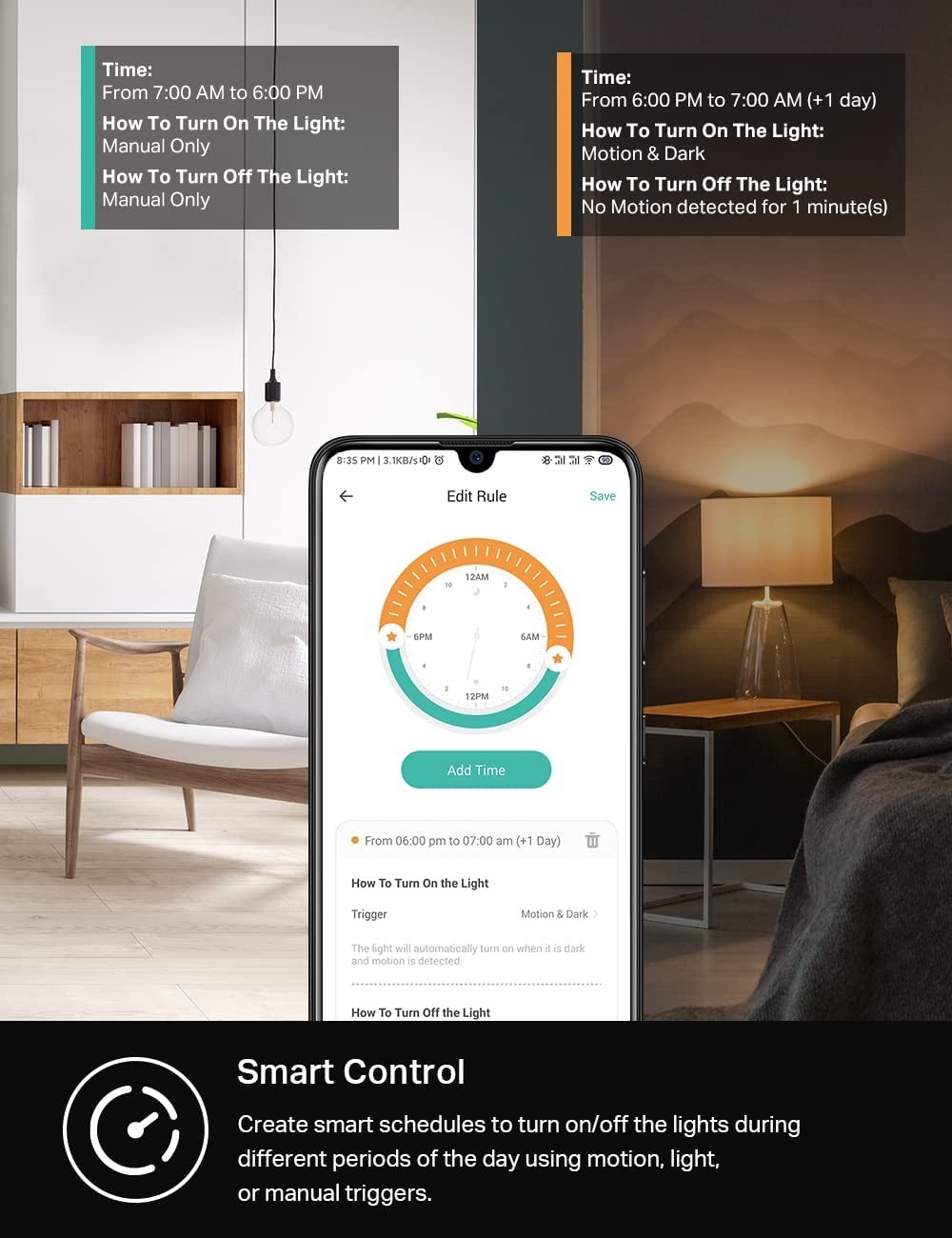 Smart Home Motion Sensor Light Switch, 2-Pack, Compatible with Alexa & Google