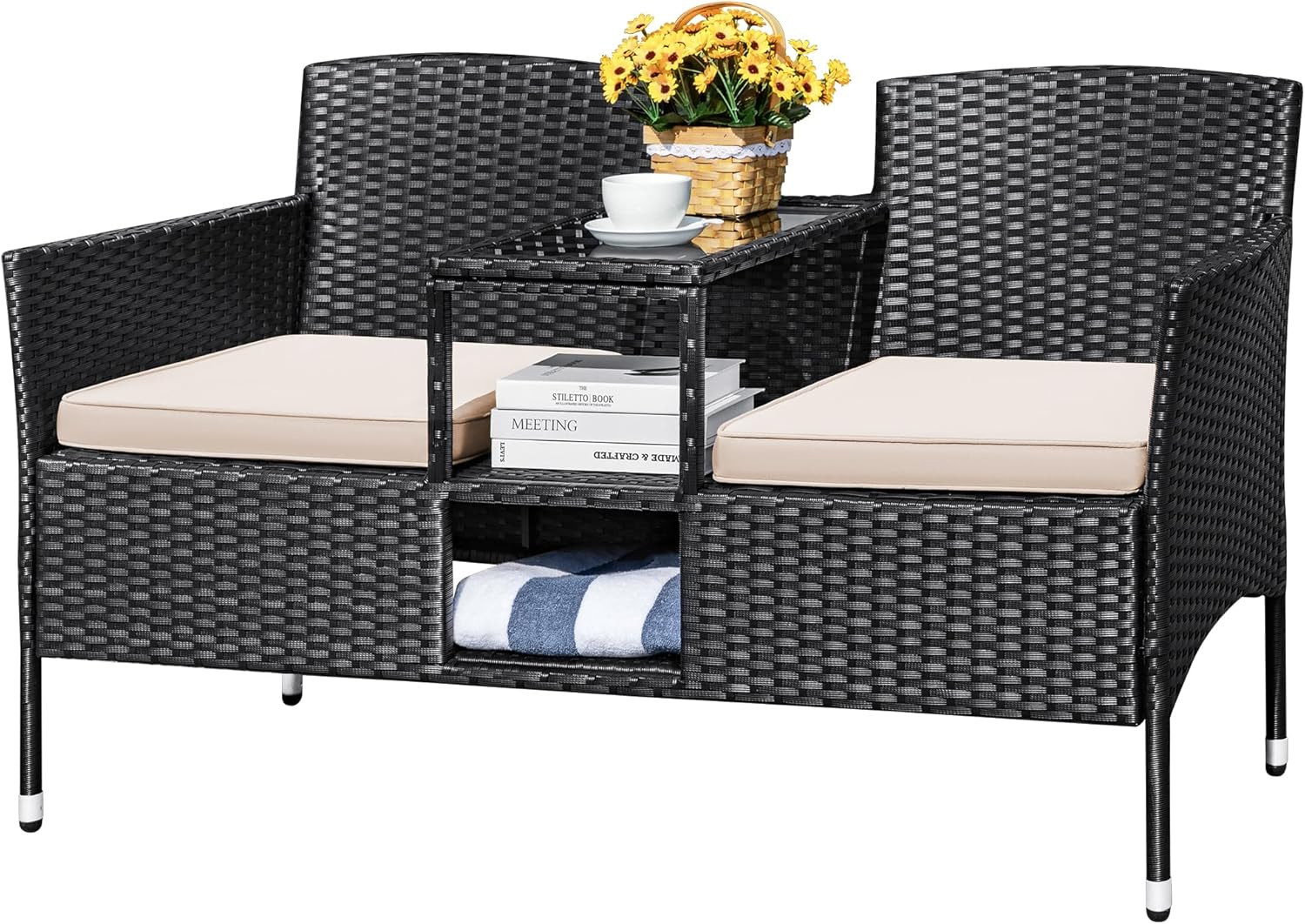 Outdoor Patio Loveseat Modern Rattan 2-Seat Patio Conversation Set with Cushions
