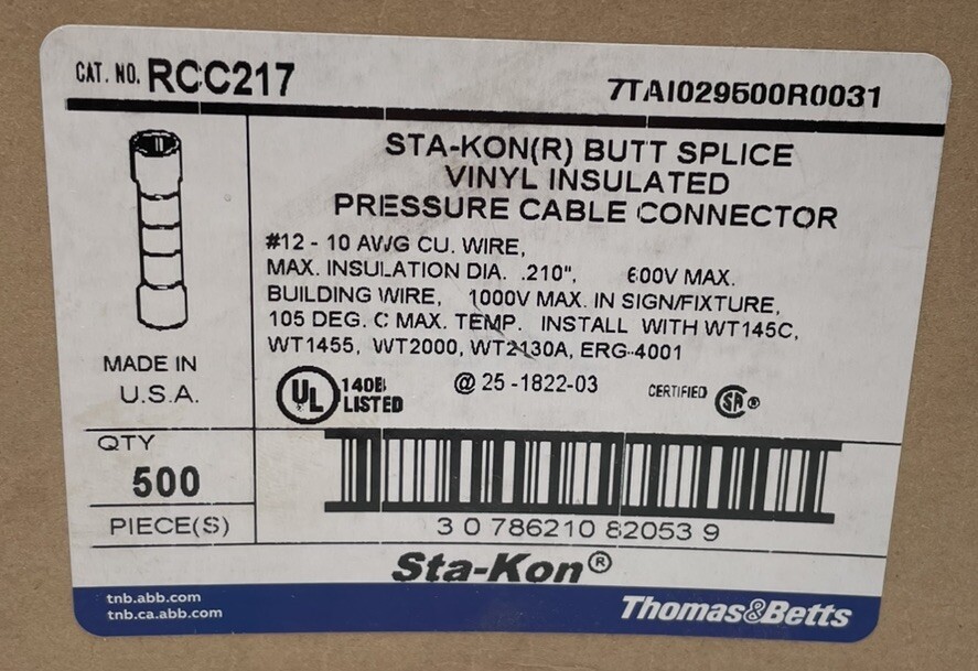 Thomas & Betts ABB RCC217 Vinyl Insulated Butt Splice 12-10AWG Yellow Box of 500