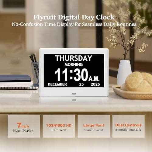 7'' Dementia Clock For Seniors, Large Display Digital Clock With Date, 7" White