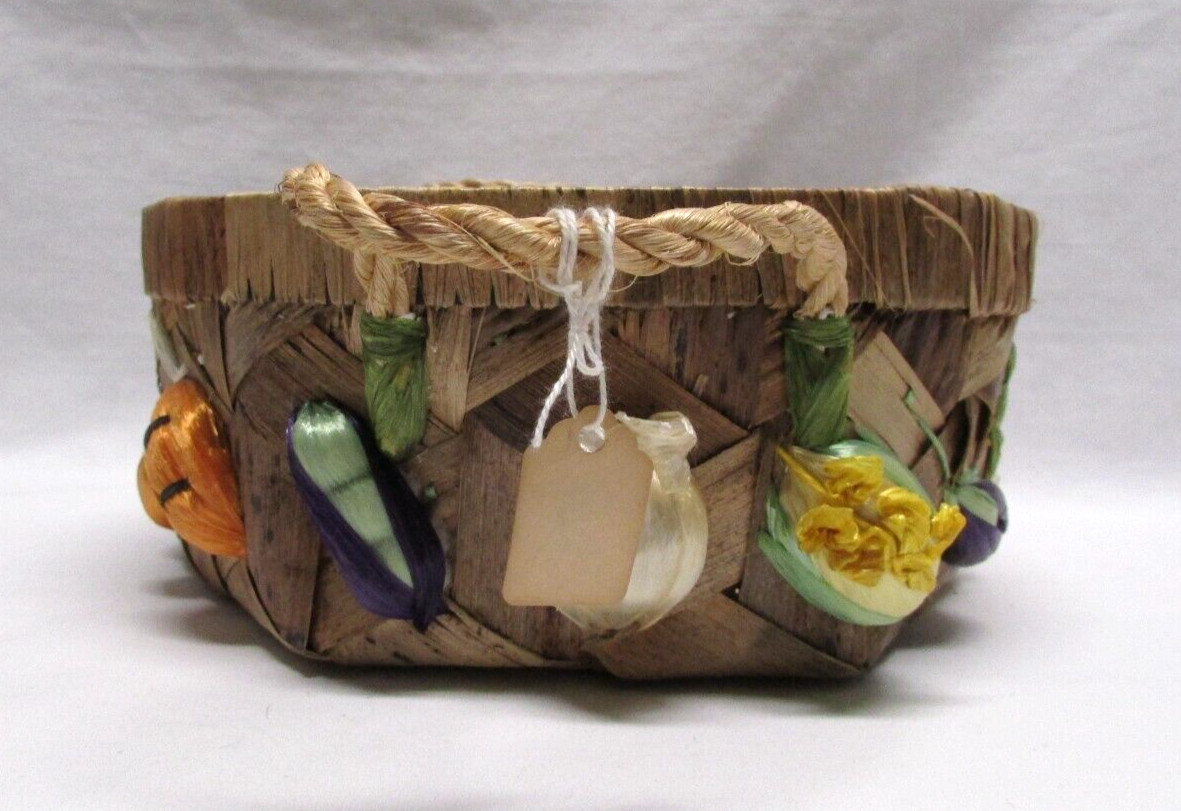 Vintage Handmade Raffia 8in Fruit Basket Burlap Lined Made in Philippines