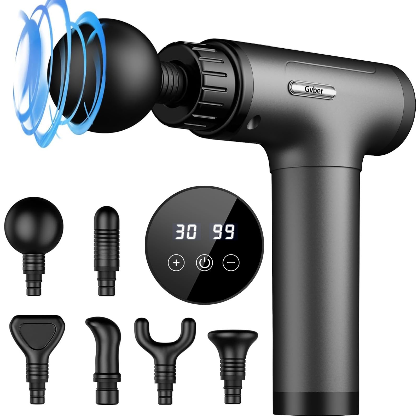 Gvber Massage Gun 30 Speed 6 Heads Percussion Muscle Pain Relief, Grey