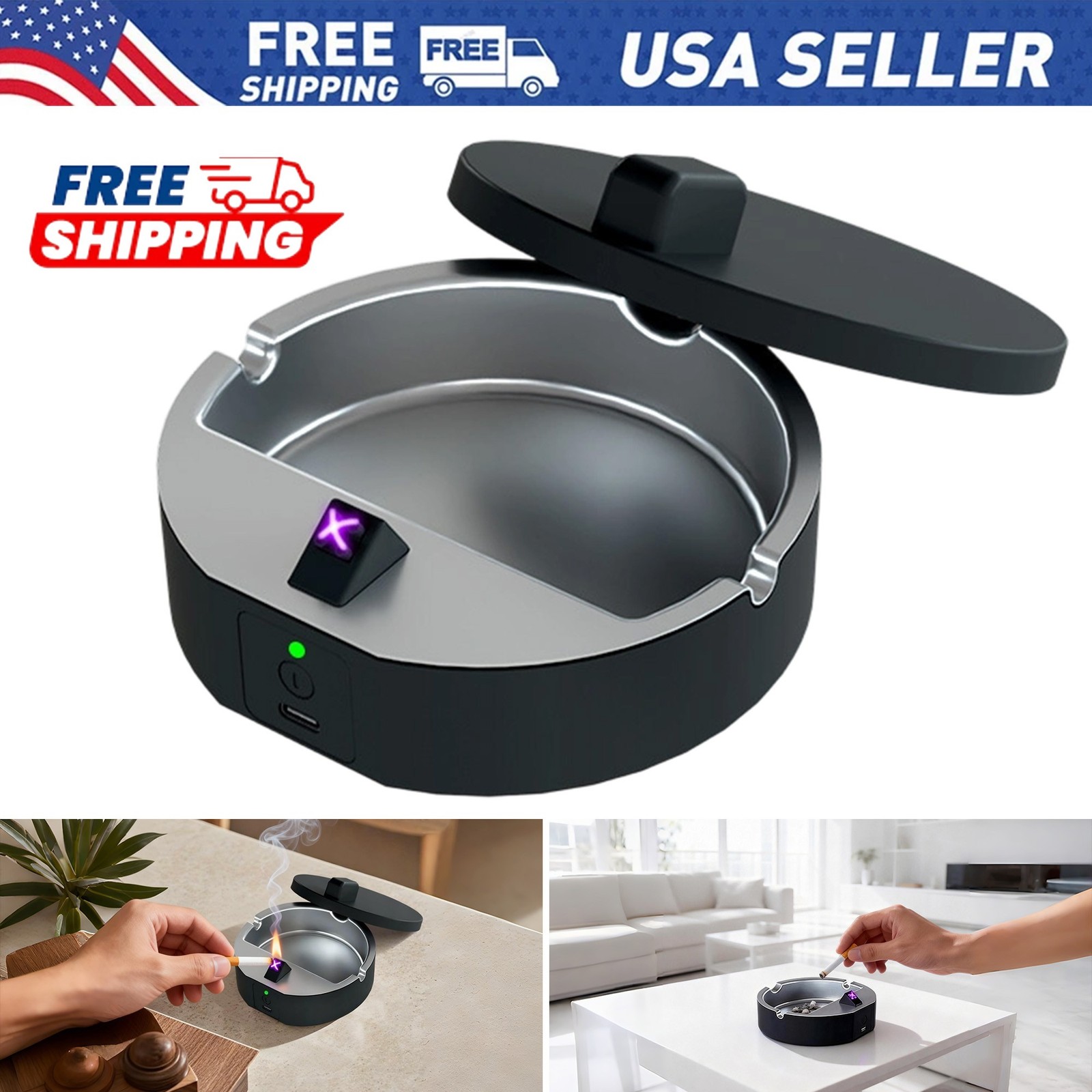Portable USB Rechargeable Ashtray Electronic Lighter Fast Ignition Dual Function