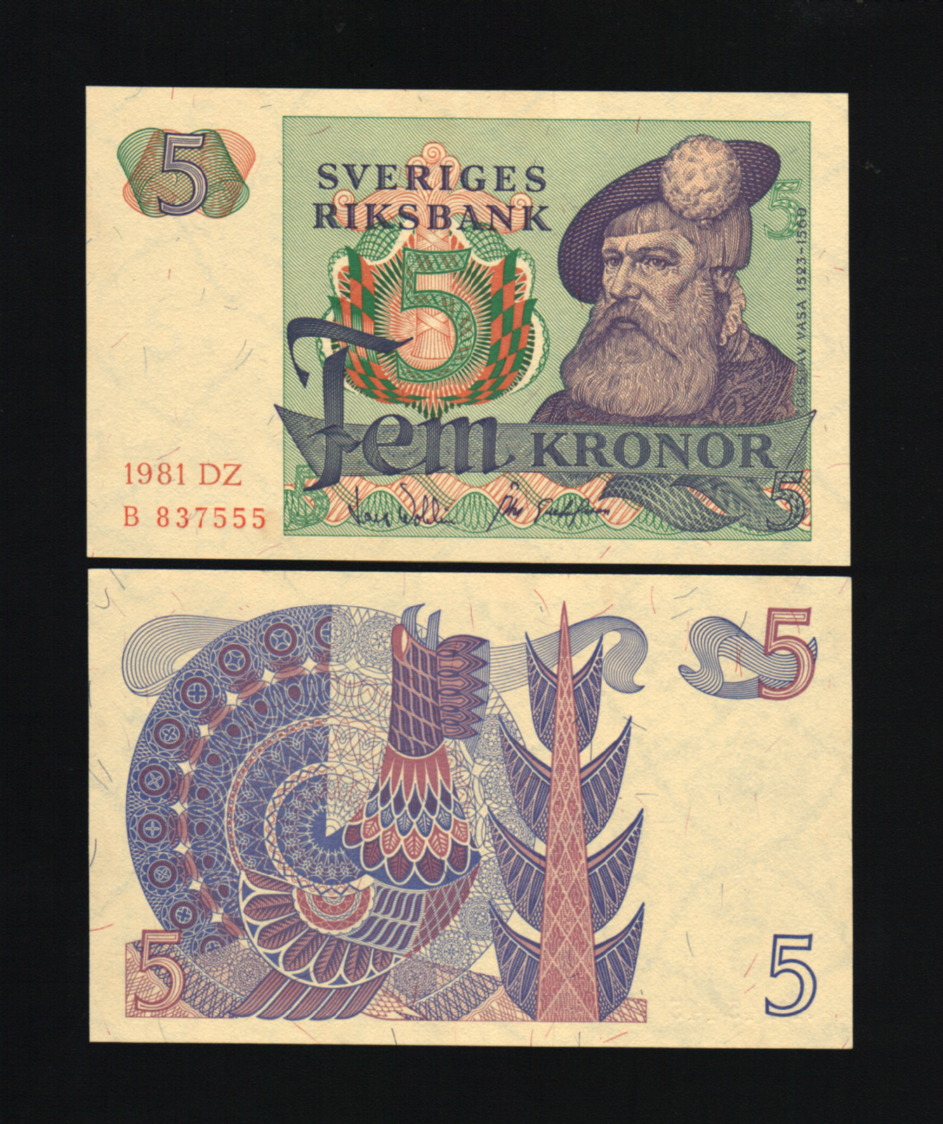 SWEDEN 5 KRONER P51 1978 OR 1981 GUSTAF VASA ROOSTER UNC MONEY BILL BANK NOTE