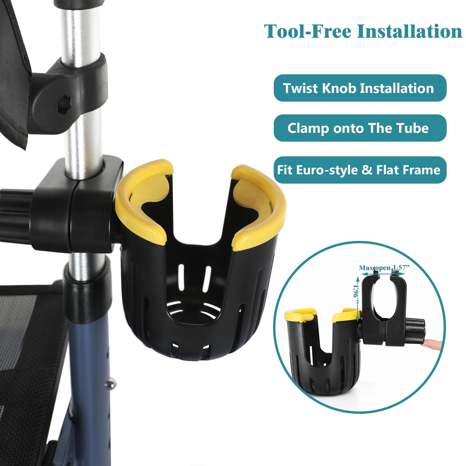 Walker Rollator Cup Holder - Adjustable Clip-On Drink for Wide Yellow